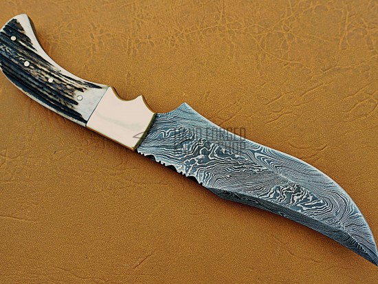 Damascus Steel Deer Antler Hunting Knife, Brass Bolster, 11" Deer Antler Handle, Fixed Blade