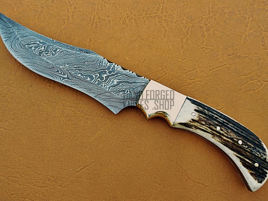 Damascus Steel Deer Antler Hunting Knife, Brass Bolster, 11" Deer Antler Handle, Fixed Blade