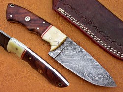 Damascus Hunting Knife, Damascus Steel Classic Bowie Knife, 9" Camel Bone Bolster, Walnut Wood Handle, Fixed Blade, Full Tang