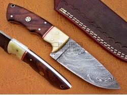 Damascus Hunting Knife, Damascus Steel Classic Bowie Knife, 9" Camel Bone Bolster, Walnut Wood Handle, Fixed Blade, Full Tang