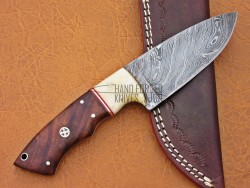 Damascus Hunting Knife, Damascus Steel Classic Bowie Knife, 9" Camel Bone Bolster, Walnut Wood Handle, Fixed Blade, Full Tang