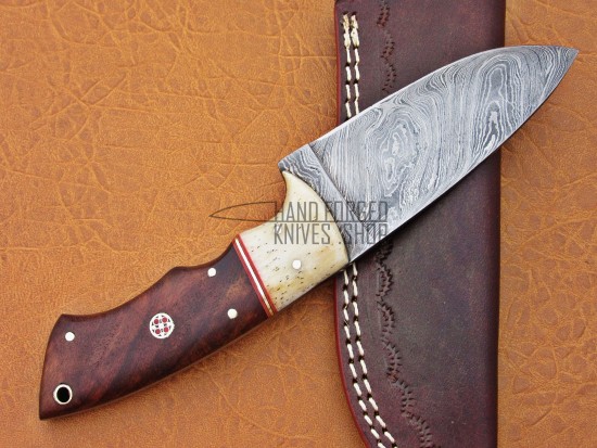 Damascus Hunting Knife, Damascus Steel Classic Bowie Knife, 9" Camel Bone Bolster, Walnut Wood Handle, Fixed Blade, Full Tang