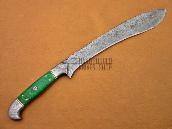 Custom Damascus Steel Kukri Knife, 22" Damascus Bolster, Green Micarta Handle, Fixed Blade