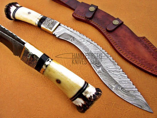 Custom Damascus Steel Kukri Knife, 17" Steel Bolster, Camel Bone & Deer Antler Handle, Fixed Blade