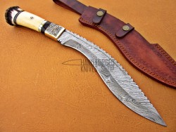 Custom Damascus Steel Kukri Knife, 17" Steel Bolster, Camel Bone & Deer Antler Handle, Fixed Blade