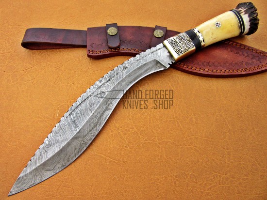 Custom Damascus Steel Kukri Knife, 17 Steel Bolster, Camel Bone & Deer  Antler Handle, Fixed Blade
