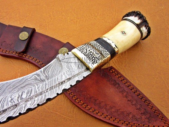 Custom Damascus Steel Kukri Knife, 17" Steel Bolster, Camel Bone & Deer Antler Handle, Fixed Blade