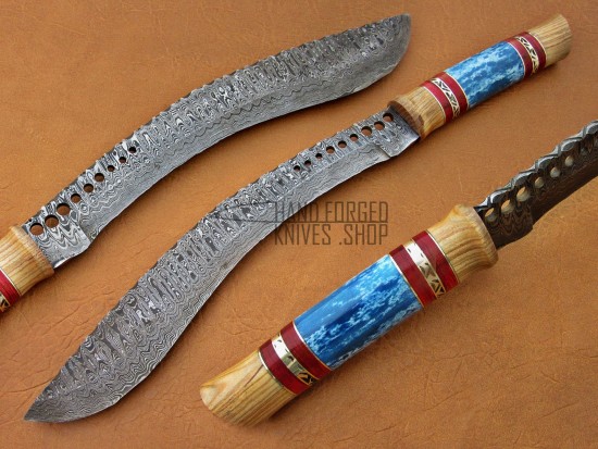 Custom Damascus Kukri Knife, 20" Steel Bolster, Olive Wood, Blue Color Bone Handle, Fixed Blade