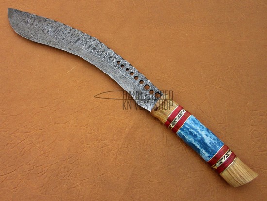 Custom Damascus Kukri Knife, 20" Steel Bolster, Olive Wood, Blue Color Bone Handle, Fixed Blade