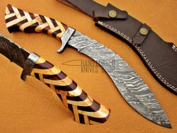 Custom Damascus Kukri Knife, 15" Damascus Clip, Olive & Walnut Wood Handle, Fixed Blade