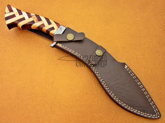 Custom Damascus Kukri Knife, 15" Damascus Clip, Olive & Walnut Wood Handle, Fixed Blade