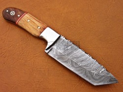 Damascus Tanto Blade Hunting Knife, 9" Steel Bolster, Olive Wood & Walnut Wood Handle, Fixed Blade