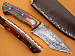 Damascus Tanto Blade Hunting Knife, 8" Multicolor Sheet Handle, Fixed Blade