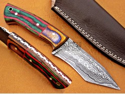 Damascus Tanto Blade Hunting Knife, 8" Multicolor Sheet Handle, Fixed Blade