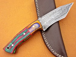 Damascus Tanto Blade Hunting Knife, 8" Multicolor Sheet Handle, Fixed Blade