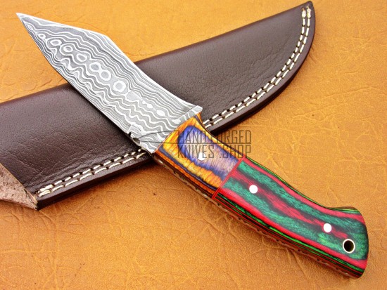 Damascus Tanto Blade Hunting Knife, 8" Multicolor Sheet Handle, Fixed Blade