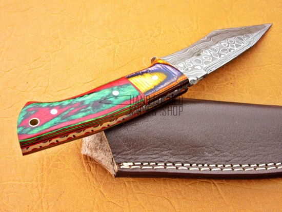 Damascus Tanto Blade Hunting Knife, 8" Multicolor Sheet Handle, Fixed Blade