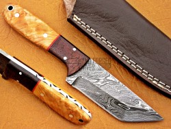 Damascus Tanto Blade Hunting Knife, 8" Walnut & Olive Wood Handle, Fixed Blade