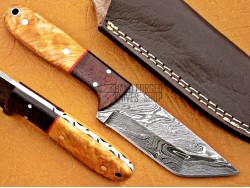 Damascus Tanto Blade Hunting Knife, 8" Walnut & Olive Wood Handle, Fixed Blade