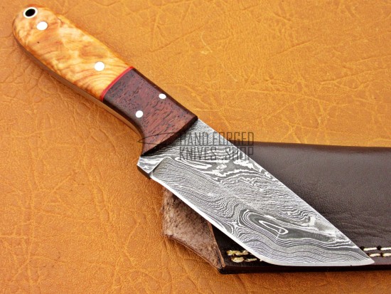 Damascus Tanto Blade Hunting Knife, 8" Walnut & Olive Wood Handle, Fixed Blade