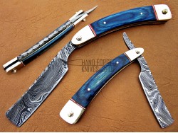 Damascus Straight Razor, 7.5" Blue Micarta Sheet Handle 