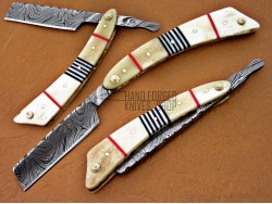 Damascus Straight Razor, 7.5" Zebra Sheet & Camel Bone Handle