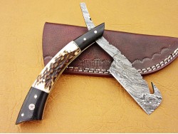 Damascus Straight Razor, 7.5" Buffalo Horn & Deer Antler Handle