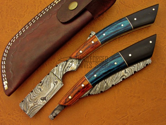 Damascus Straight Razor, 7.5" Walnut Wood & Blue Micarta Sheet, Buffalo Horn Handle
