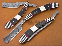 Damascus Straight Razor, 7.5" Zebra Sheet, Buffalo Horn & Camel Bone Handle