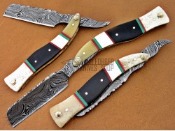 Damascus Straight Razor, 7.5" Brass, Buffalo Horn & Camel Bone Handle