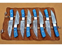 8 piece Custom Handmade Damascus Steel Fixed Blade Kitchen Steak Knives Set Blue Micarta handle