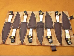 8 piece Custom Handmade Damascus Steel Fixed Blade Kitchen Steak Knives Set camel bone, buffalo horn handle