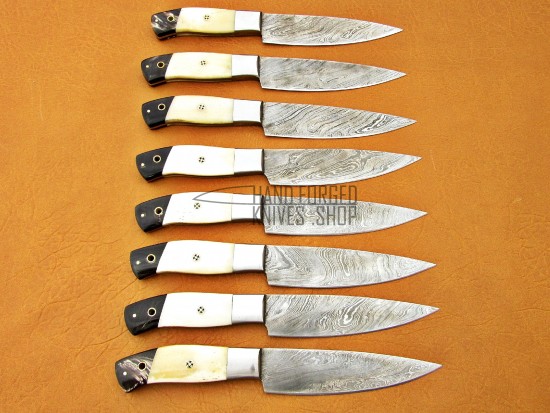 8 piece Custom Handmade Damascus Steel Fixed Blade Kitchen Steak Knives Set camel bone, buffalo horn handle
