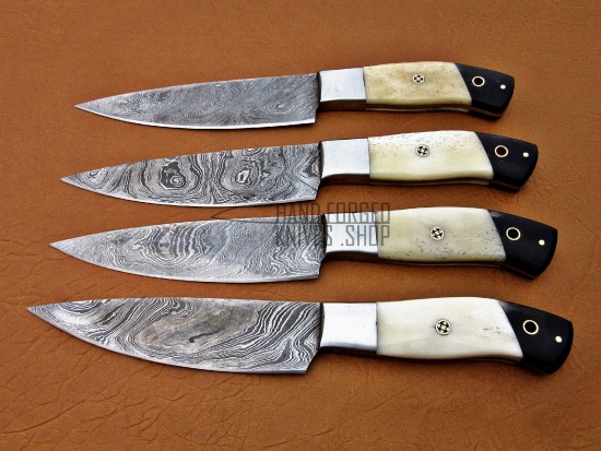 4 piece Custom Handmade Damascus Steel Fixed Blade Kitchen Steak Knives Set camel bone, buffalo horn handle