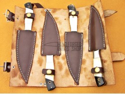 4 piece Custom Handmade Damascus Steel Fixed Serrated Blade Kitchen Steak Knives Set camel bone, buffalo horn handle