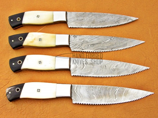 4 piece Custom Handmade Damascus Steel Fixed Serrated Blade Kitchen Steak Knives Set camel bone, buffalo horn handle