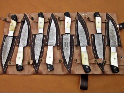 8 piece Custom Handmade Damascus Steel Fixed Serrated and plain Blade Kitchen Steak Knives Set, Camel Bone, Buffalo Horn Handle