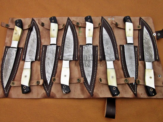 8 piece Custom Handmade Damascus Steel Fixed Serrated and plain Blade Kitchen Steak Knives Set, Camel Bone, Buffalo Horn Handle