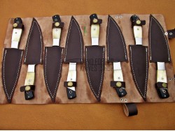 8 piece Custom Handmade Damascus Steel Fixed Serrated and plain Blade Kitchen Steak Knives Set, Camel Bone, Buffalo Horn Handle