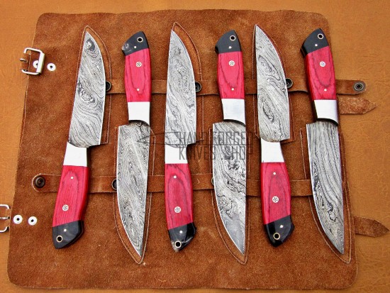 6 piece Custom Handmade Damascus Steel Fixed Blade Kitchen Steak Knives Set, Red Micarta & Buffalo Horn Handle