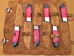 6 piece Custom Handmade Damascus Steel Fixed Blade Kitchen Steak Knives Set, Red Micarta & Buffalo Horn Handle
