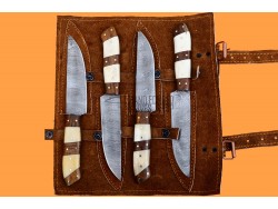 4 piece Custom Handmade Damascus Steel Fixed Blade Kitchen Steak Knives Set, Camel bone, Walnut Wood Handle
