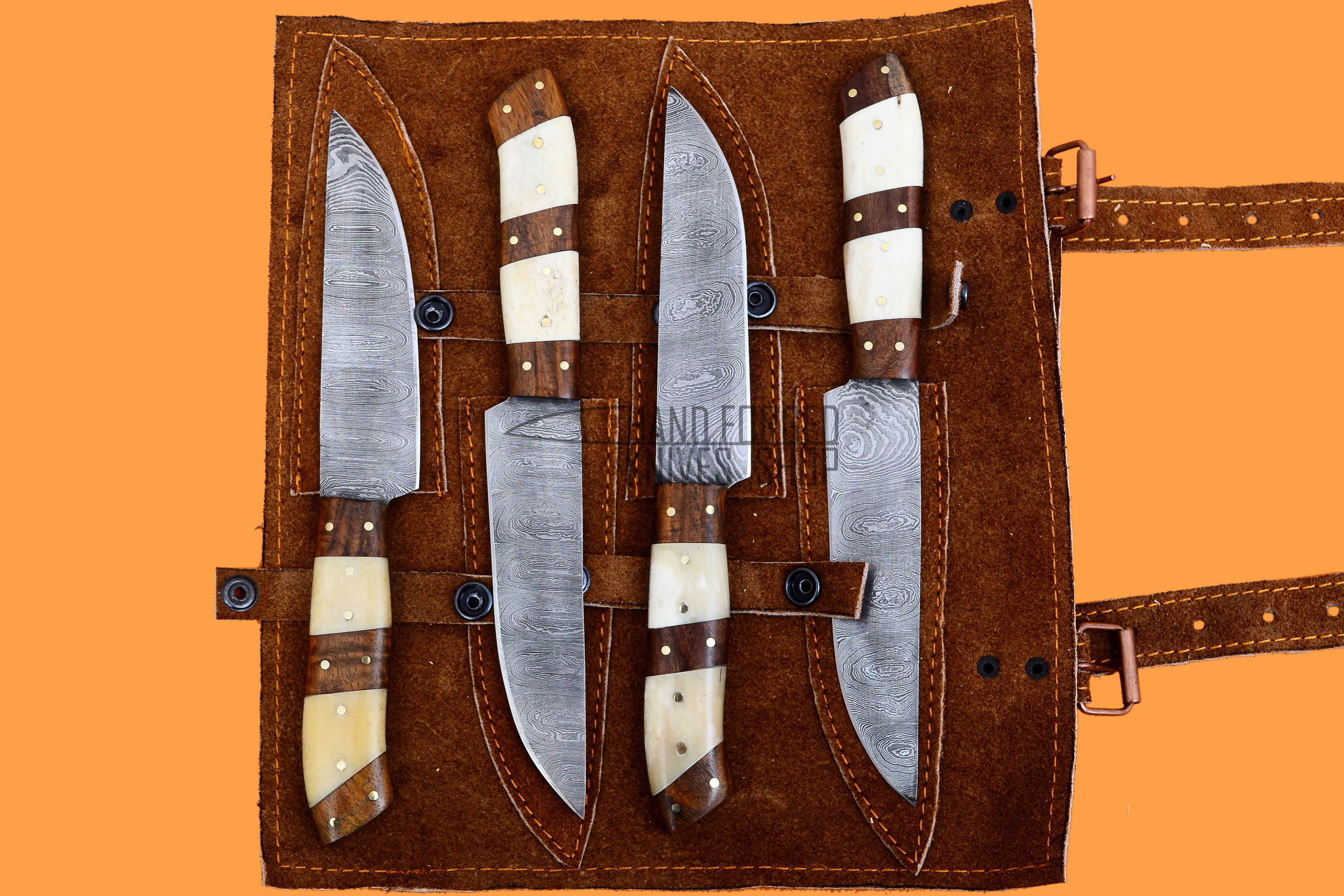 Damascus Steel Steak Knife Set Unique Camel Bone Handles Sharp Edge Blades  , Table Steak Knives With Leather Roll , Best Gift Item Christmas 