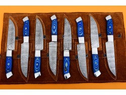 8 piece Custom Handmade Damascus Steel Fixed plain Blade Kitchen Steak Knives Set, Blue Micarta Sheet