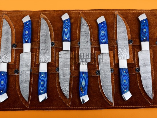 8 piece Custom Handmade Damascus Steel Fixed plain Blade Kitchen Steak Knives Set, Blue Micarta Sheet