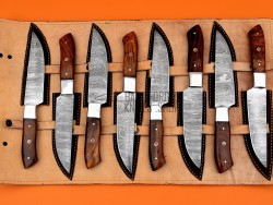 8 piece Custom Handmade Damascus Steel Fixed plain Blade Kitchen Steak Knives Set, Walnut Wood Handle