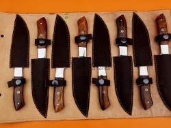 8 piece Custom Handmade Damascus Steel Fixed plain Blade Kitchen Steak Knives Set, Walnut Wood Handle