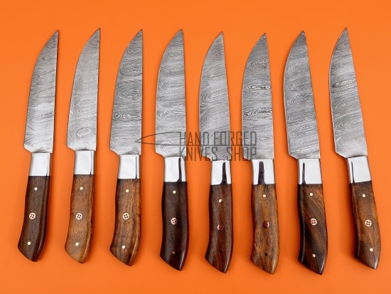 8 piece Custom Handmade Damascus Steel Fixed plain Blade Kitchen Steak Knives Set, Walnut Wood Handle