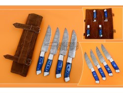 4 piece Custom Handmade Damascus Steel Fixed Blade Kitchen Steak Knives Set, Blue Micarta Sheet Handle, Steel Bolster, Handstitched Leather Bag