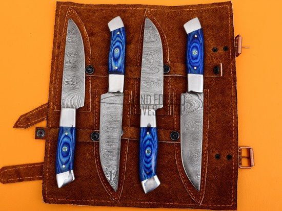 4 piece Custom Handmade Damascus Steel Fixed Blade Kitchen Steak Knives Set, Blue Micarta Sheet Handle, Steel Bolster, Handstitched Leather Bag